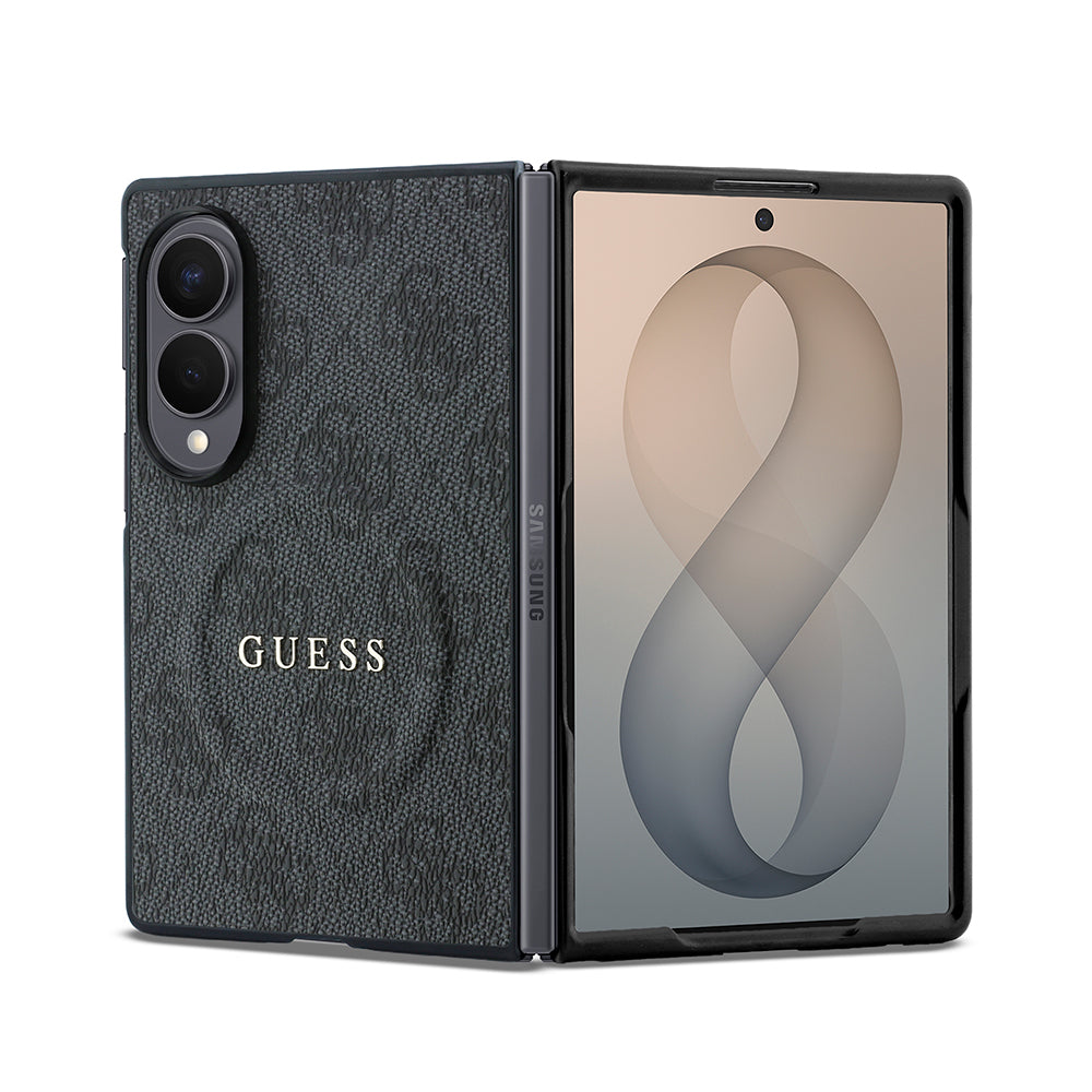 Galaxy Z Fold 8 Kılıf Guess Orjinal Lisanslı M-safe Şarj Özellikli PU Deri 4G Desenli Yazı Logolu Kapak Siyah