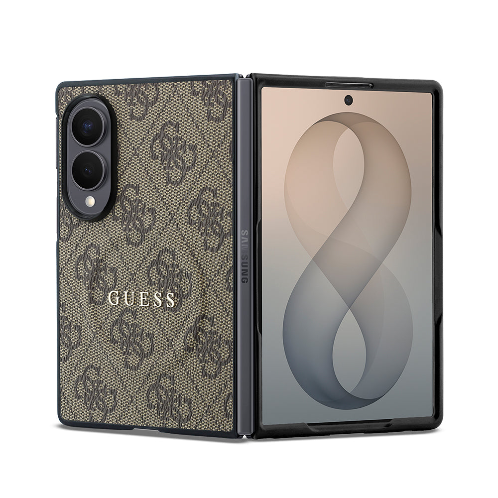 Galaxy Z Fold 8 Kılıf Guess Orjinal Lisanslı M-safe Şarj Özellikli PU Deri 4G Desenli Yazı Logolu Kapak Kahverengi