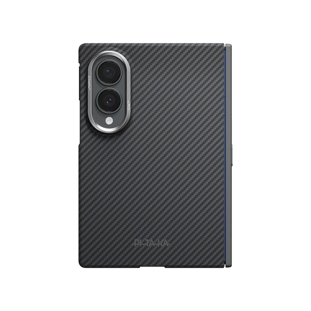 Galaxy Z Fold 8 Kılıf M-safe Şarj Özellikli 600D Aramid Karbon Fiber Menteşe Butonlu Pitaka Black-Grey Twill Kapak Siyah-Gri