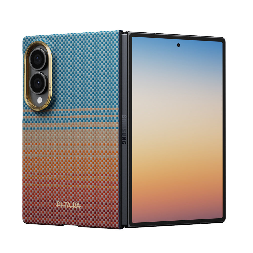 Galaxy Z Fold 8 Kılıf M-safe Şarj Özellikli Aramid Karbon Fiber Pitaka Sunset 2.0 California Dream Serisi Kapak Mavi-Kahverengi
