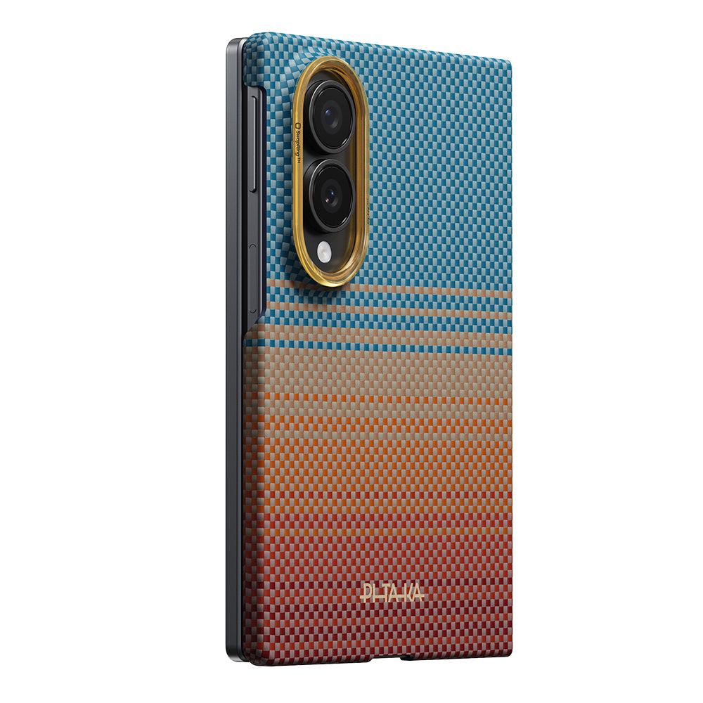 Galaxy Z Fold 8 Kılıf M-safe Şarj Özellikli Aramid Karbon Fiber Pitaka Sunset 2.0 California Dream Serisi Kapak Mavi-Kahverengi