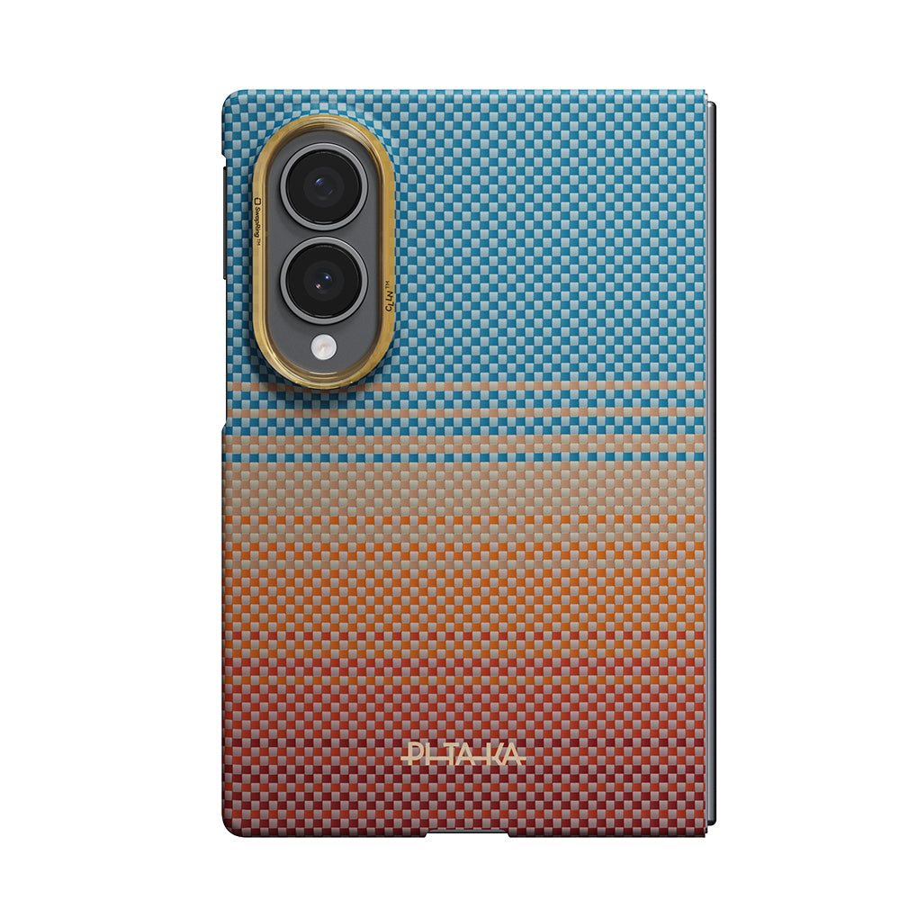 Galaxy Z Fold 8 Kılıf M-safe Şarj Özellikli Aramid Karbon Fiber Pitaka Sunset 2.0 California Dream Serisi Kapak Mavi-Kahverengi