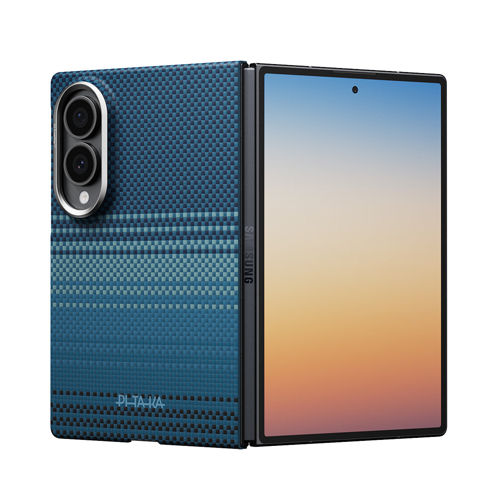 Galaxy Z Fold 8 Kılıf M-safe Şarj Özellikli Aramid Karbon Fiber Pitaka Tactile Woven Sunset-Moonrise Serisi Kapak Mavi
