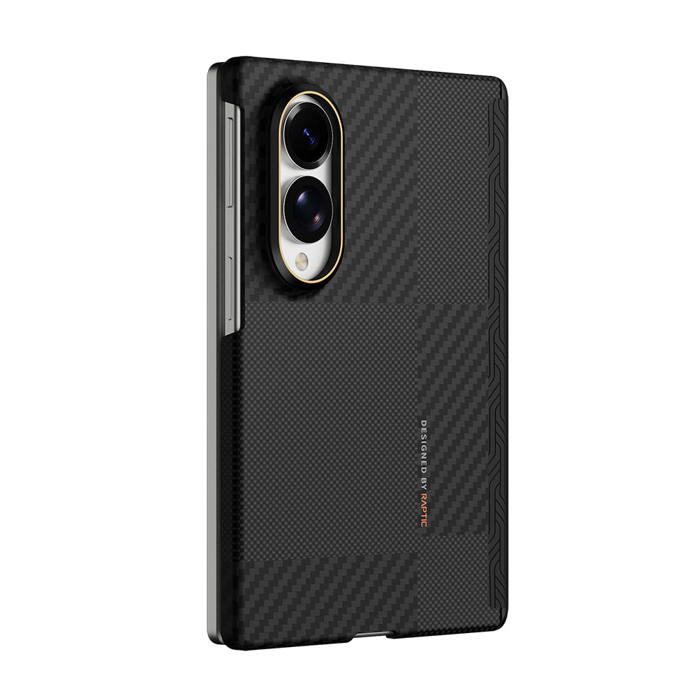 Galaxy Z Fold 8 Kılıf M-safe Şarj Özellikli Metal Kamera Çerçeveli Raptic Aramid SkinPro Serisi Karbon Kapak Siyah-Gri