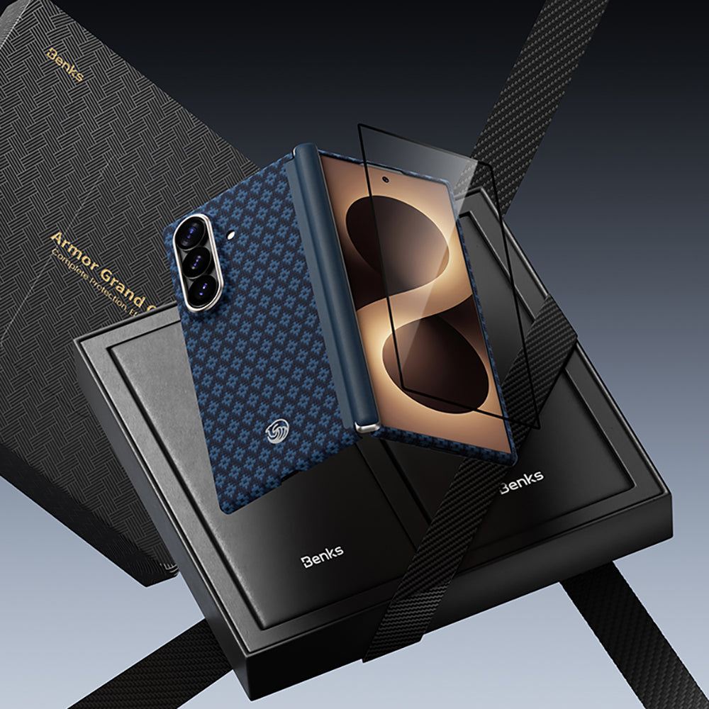 Galaxy Z Fold 8 Ultra Benks ArmorAir ArmorGrid Grand Combo Üçlü Aksesuar Seti (Ön Arka Kevlar Karbon Kapak + Ekran Koruyucu) Mavi