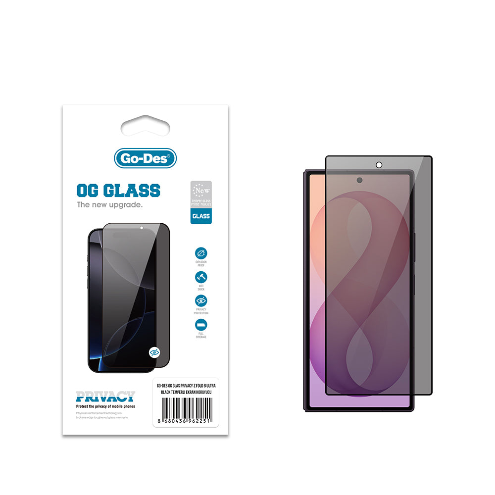 Galaxy Z Fold 8 Ultra Go Des OG Glass Privacy Antistatik Temperli Cam Ekran Koruyucu Siyah