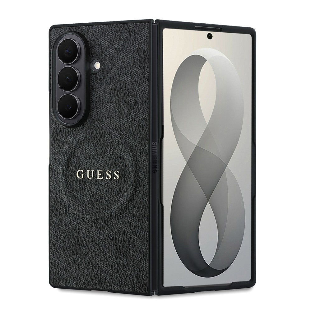 Galaxy Z Fold 8 Ultra Kılıf Guess Orjinal Lisanslı M-safe Şarj Özellikli 4G Desenli Yazı Logolu PU Deri Kapak Siyah