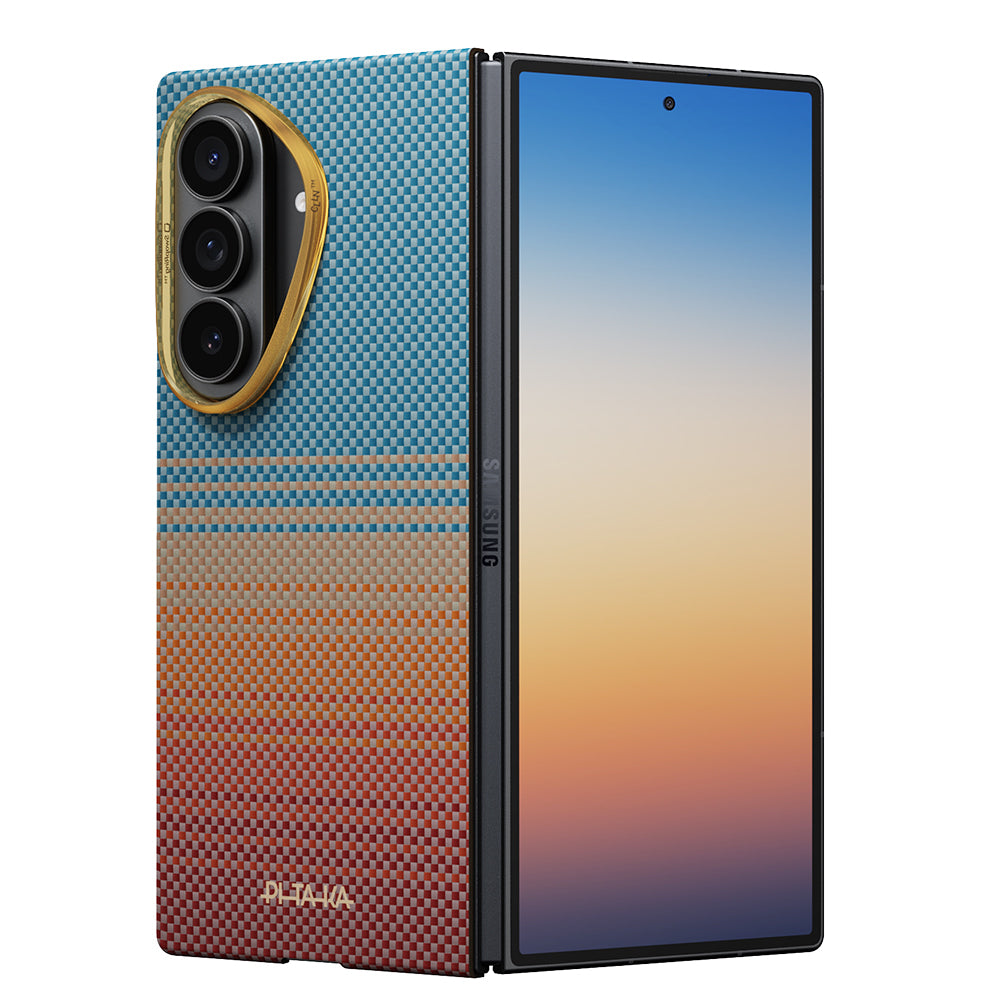 Galaxy Z Fold 8 Ultra Kılıf M-safe Şarj Özellikli Aramid Karbon Fiber Pitaka Sunset 2.0 California Dream Serisi Kapak Mavi-Kahverengi