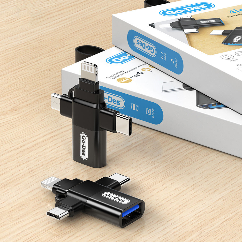 Go Des GD-CT196 4in1 Type-C+Lightning+Micro+USB3.0 OTG Dönüştürücü Adaptör Siyah