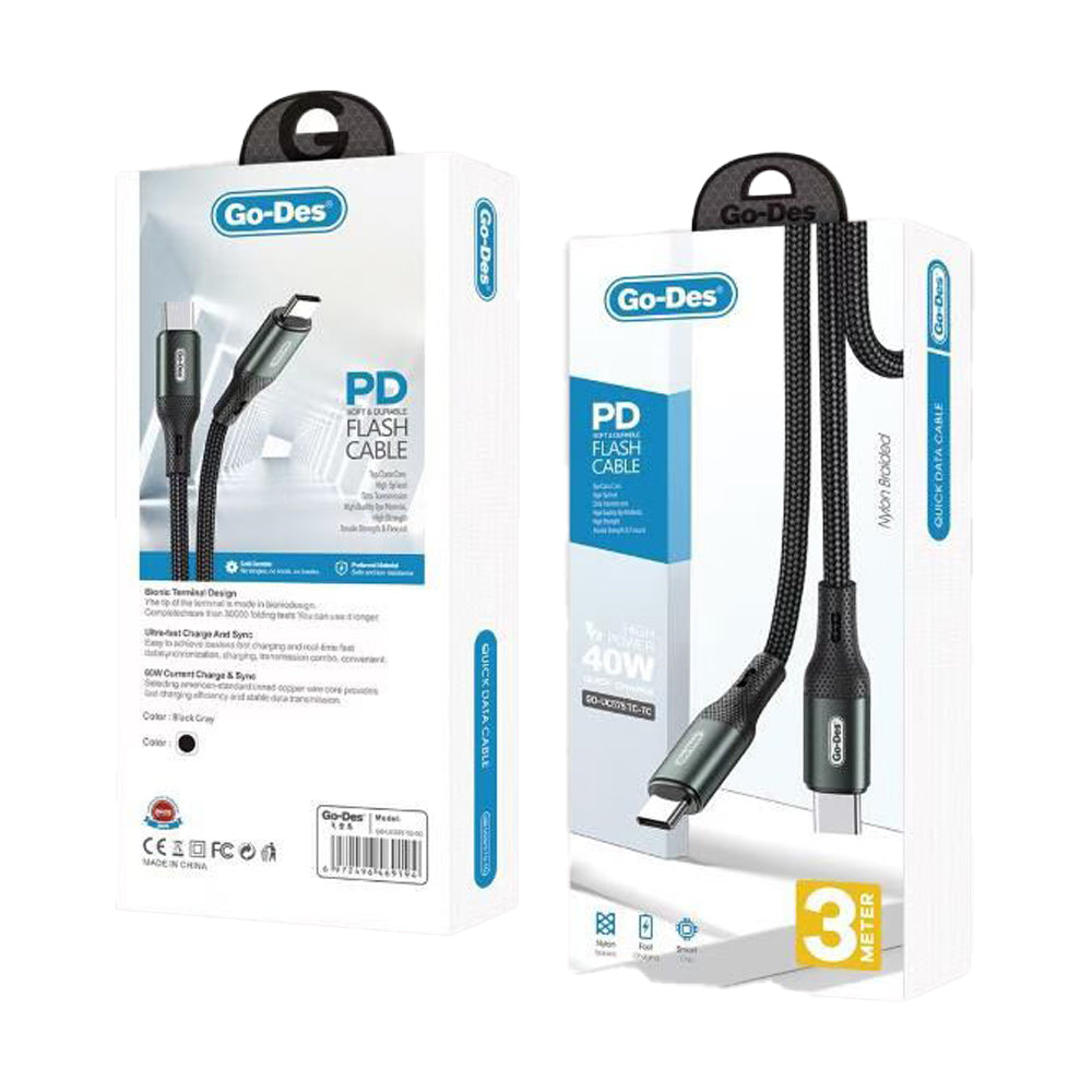 Go Des GD-UC575 Type-C to Type-C PD Örgü Tasarımlı Hızlı Şarj Özellikli Data ve Şarj Kablosu 40W 3M Siyah
