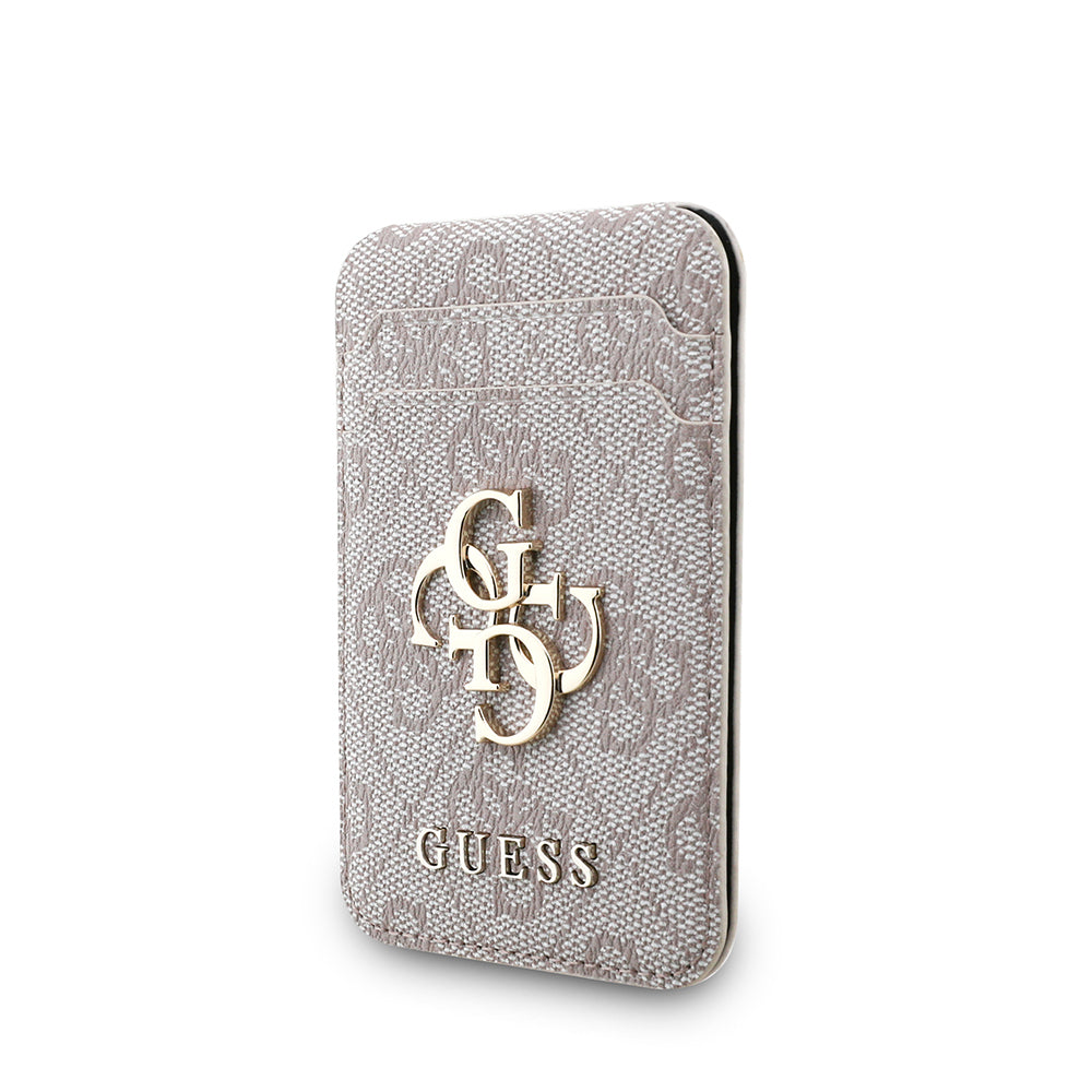 Guess Orjinal Lisanslı PU Deri 4G Desenli Metal Büyük 4G ve Yazı Logolu Standlı Magnetik Kartlık Pembe