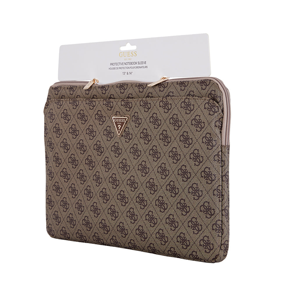 Guess Orjinal Lisanslı 4G Desenli Üçgen Logolu 14 inç Laptop Çantası Kahverengi