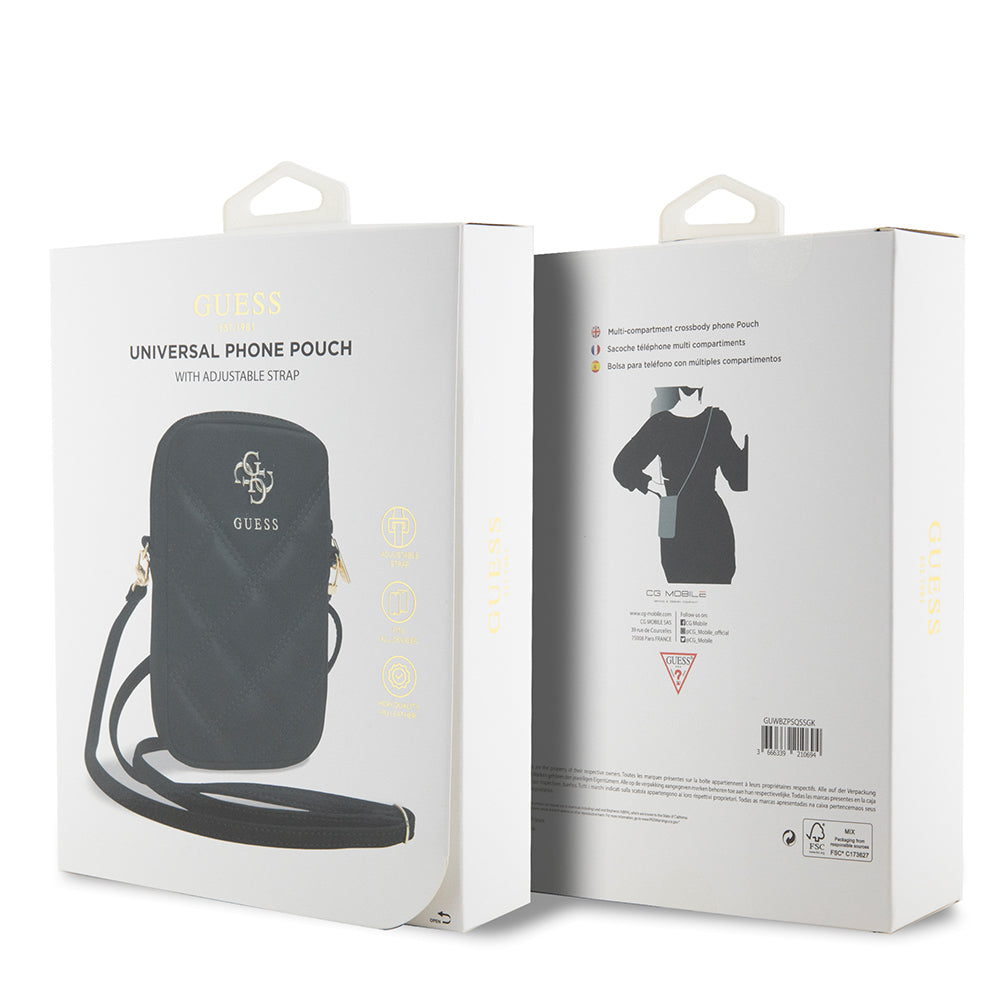 Guess Orjinal Lisanslı 4G Metal Logolu Kapitone Desenli Fermuarlı PU Deri Çapraz Askılı Vücut Çantası Siyah