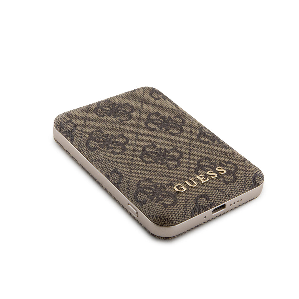 Guess Orjinal Lisanslı Dijital Led Göstergeli PU Deri 4G Desenli Metal Yazı Logolu Powerbank 5000mAh 15W Siyah