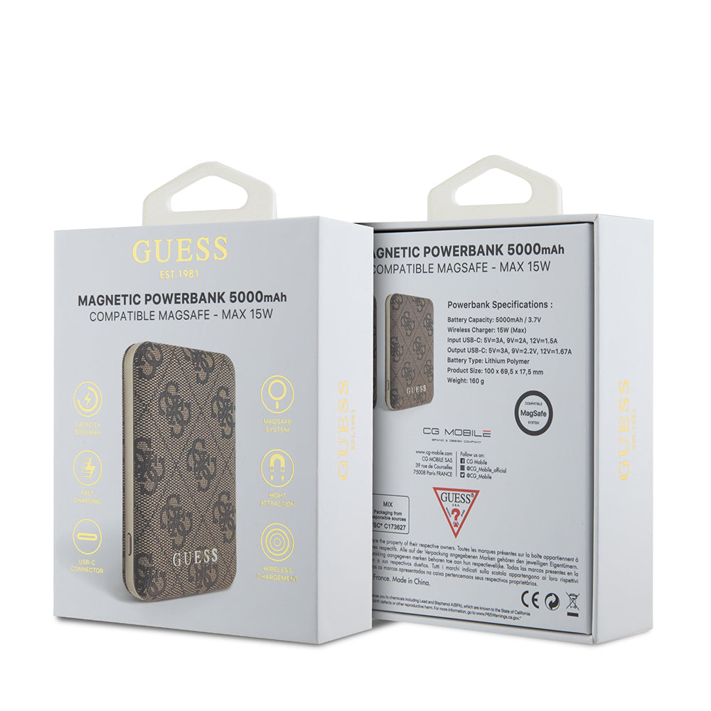 Guess Orjinal Lisanslı Dijital Led Göstergeli PU Deri 4G Desenli Metal Yazı Logolu Powerbank 5000mAh 15W Siyah