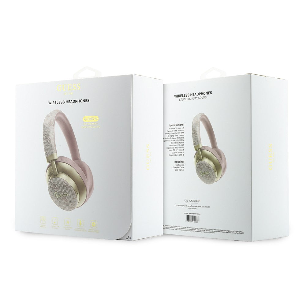 Guess Orjinal Lisanslı ENC PU 4G Desenli Metal Logolu Kulak Üstü Bluetooth Kulaklık v5.4 Pembe