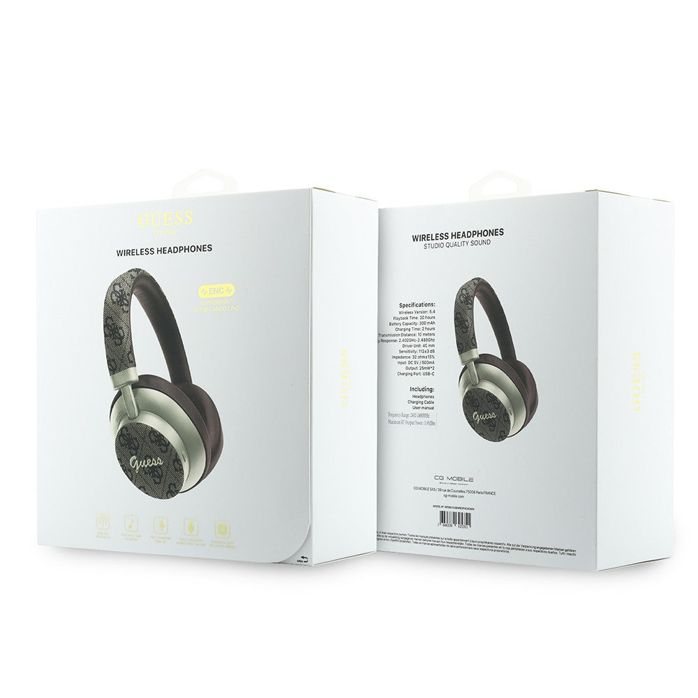 Guess Orjinal Lisanslı ENC PU 4G Desenli Metal Logolu Kulak Üstü Bluetooth Kulaklık v5.4 Kahverengi
