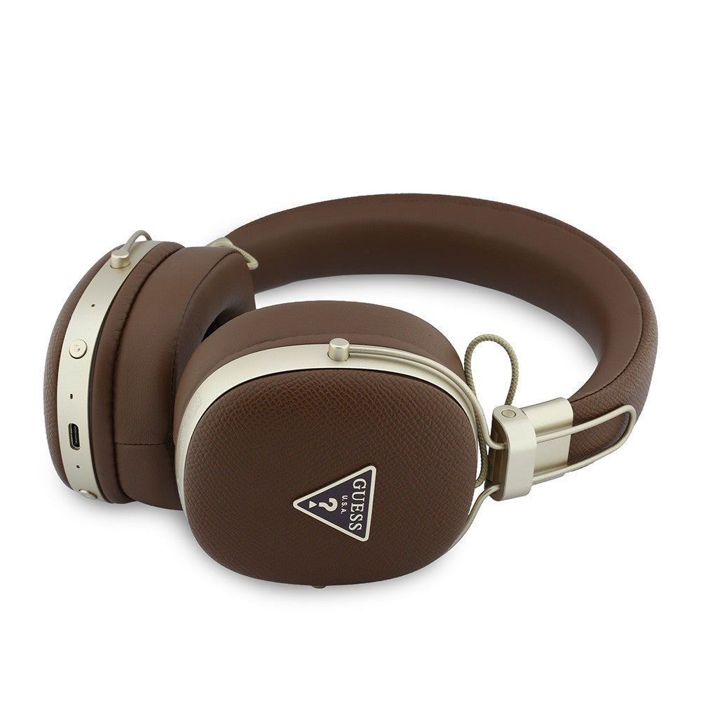 Guess Orjinal Lisanslı ENC Teknolojili PU Üçgen Metal Logolu Kulak Üstü Bluetooth Kulaklık v5.4 Kahverengi