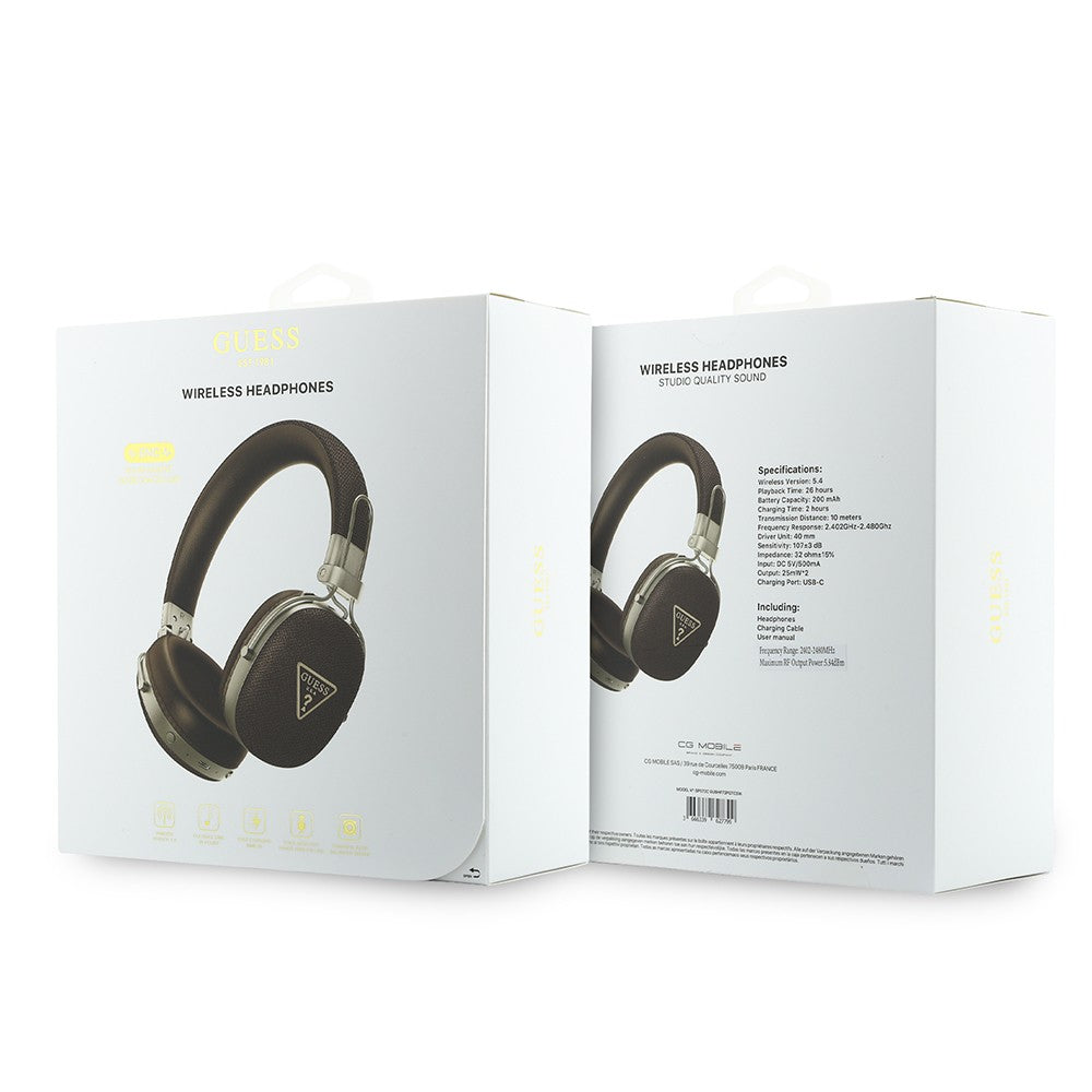 Guess Orjinal Lisanslı ENC Teknolojili PU Üçgen Metal Logolu Kulak Üstü Bluetooth Kulaklık v5.4 Kahverengi
