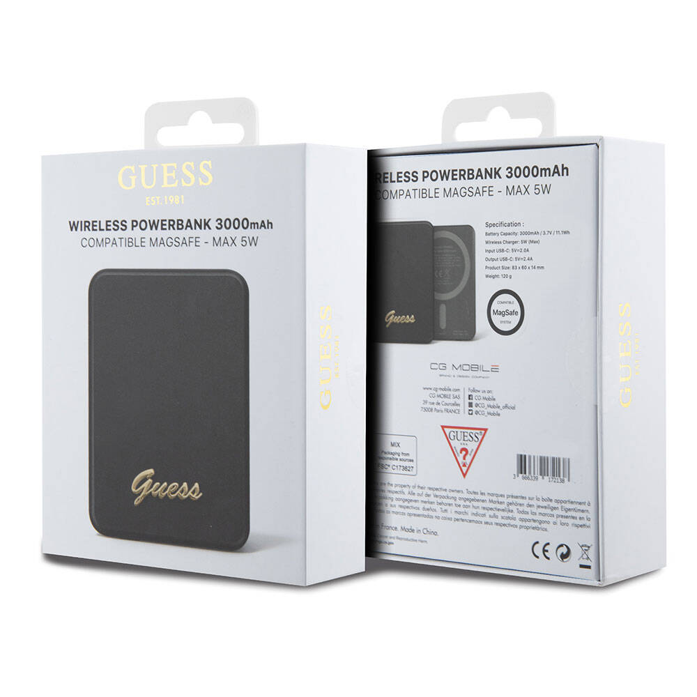 Guess Orjinal Lisanslı Magsafe Şarj Özellikli Metal Yazı Logolu Powerbank 3000mAh 5W Siyah