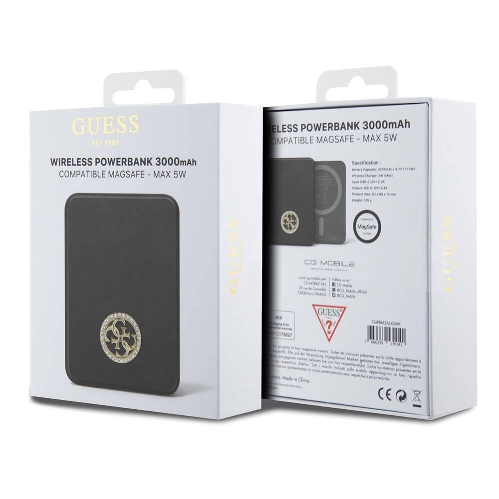 Guess Orjinal Lisanslı Magsafe Şarj Özellikli Taşlı 4G Logolu Powerbank 3000mAh 5W Gold