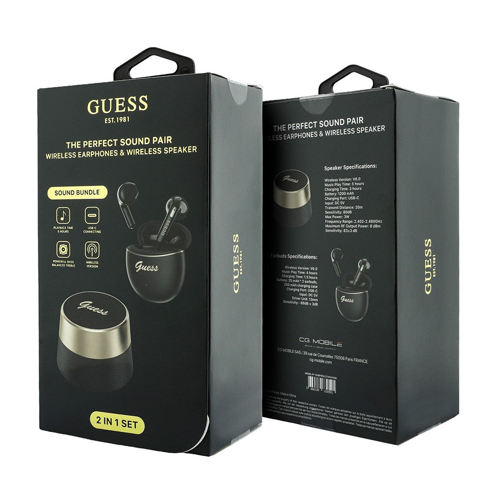 Guess Orjinal Lisanslı Metal Yazı Logolu Kulak içi TWS Kulaklık ve Speaker Hoparlör 2in1 Set Siyah