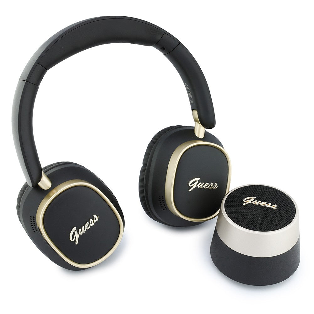 Guess Orjinal Lisanslı Metal Yazı Logolu Kulak Üstü Kulaklık ve Speaker Hoparlör 2in1 Set Siyah