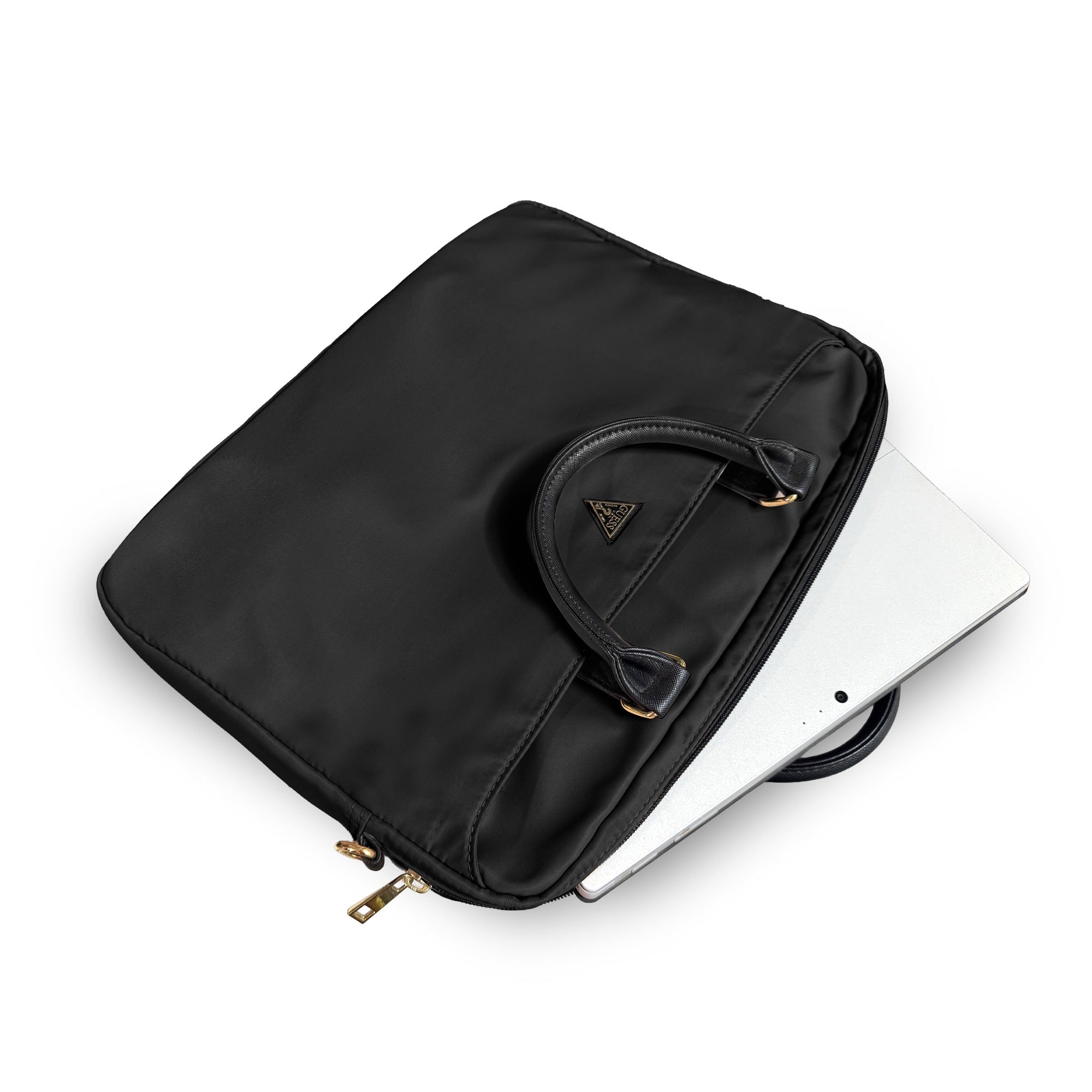 Guess Orjinal Lisanslı Naylon Kumaş Metal Üçgen Logolu Omuz Askılı 15-16 inç Laptop Çantası Siyah