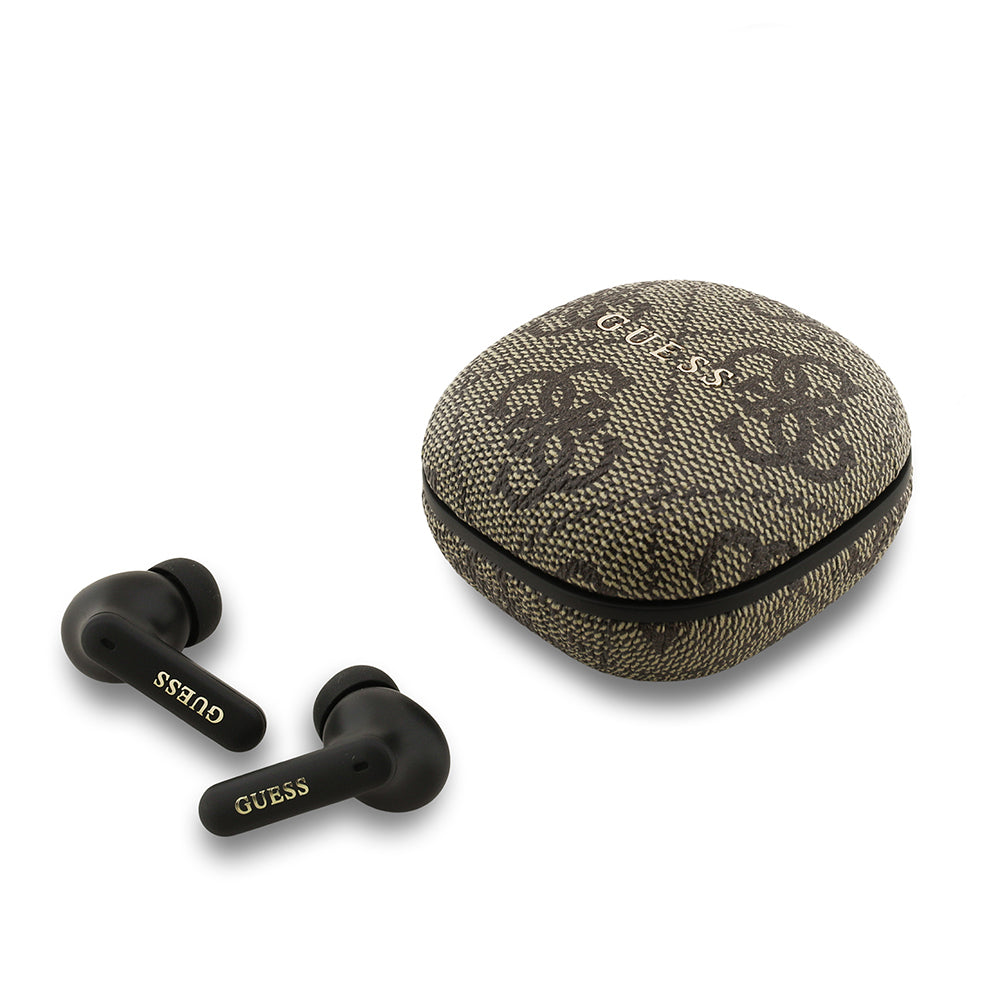 Guess Orjinal Lisanslı PU 4G Desenli Klasik Metal Yazı Logolu TWS Kulak İçi Bluetooth Kulaklık Kahverengi