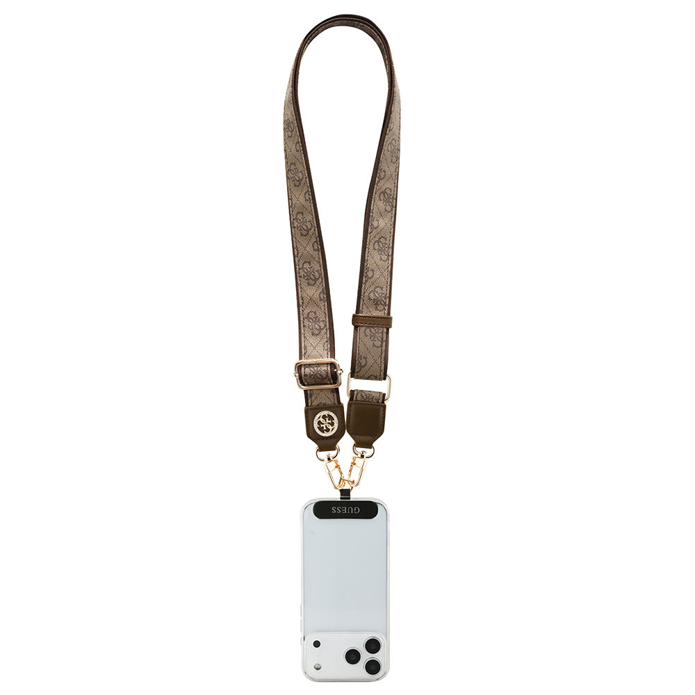 Guess Orjinal Lisanslı Taşlı 4G Metal Logolu Çapraz Vücut Telefon Askı Kayışı 150cm Kahverengi