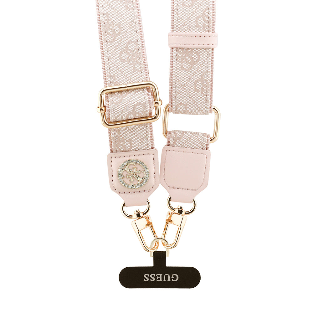 Guess Orjinal Lisanslı Taşlı 4G Metal Logolu Çapraz Vücut Telefon Askı Kayışı 150cm Pembe