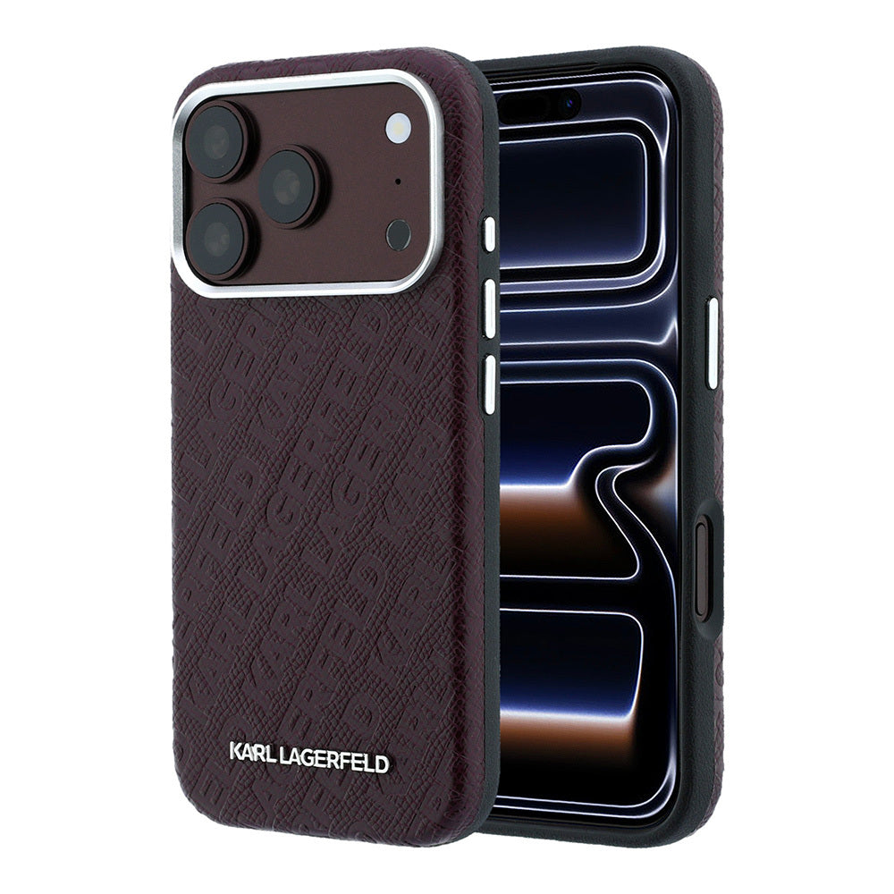 Apple iPhone 18 Pro Kılıf Karl Lagerfeld Orjinal Lisanslı PU Deri Damgalı Metal Yazı Logolu Grained Kapak Bordo
