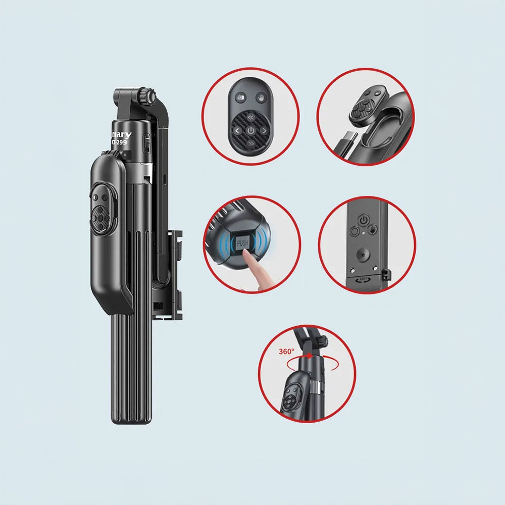 Jmary KT-299 360 Derece Dönebilen Kablosuz Kumandalı Tripod ve Selfie Çubuğu Siyah