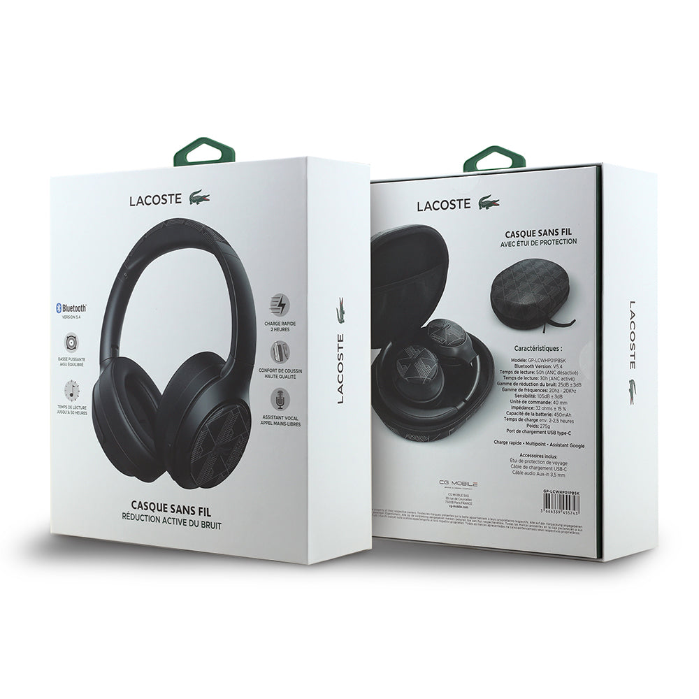 Lacoste Orjinal Lisanslı LH01 ANC Taşıma Çantalı Katlanabilir Kulak Üstü Bluetooth Kulaklık v5.4 Siyah-Beyaz