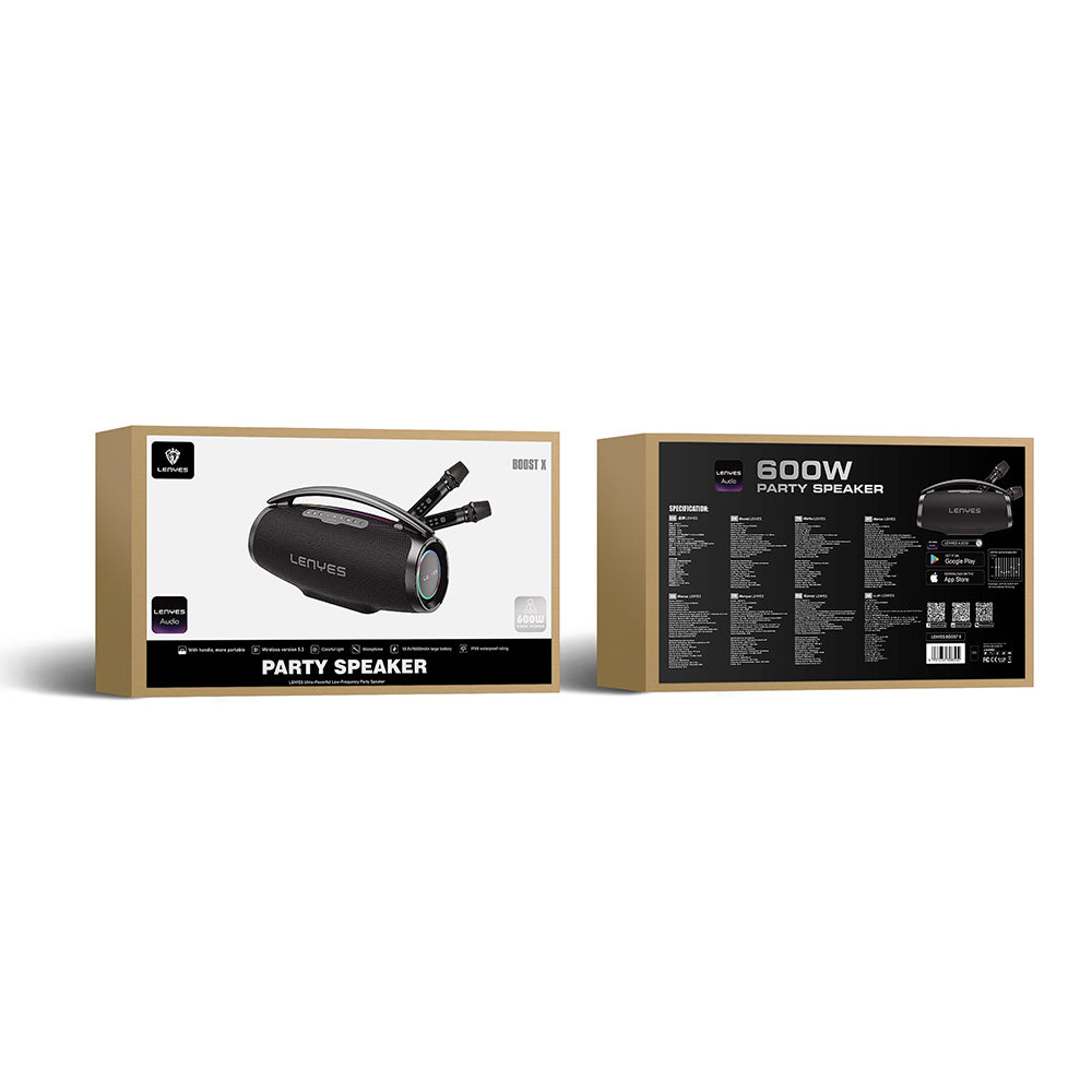 Lenyes Boost X Serisi RGB Işıklı Çift Mikrofonlu Taşınabilir Bluetooth Hoparlör v5.3 600W Siyah