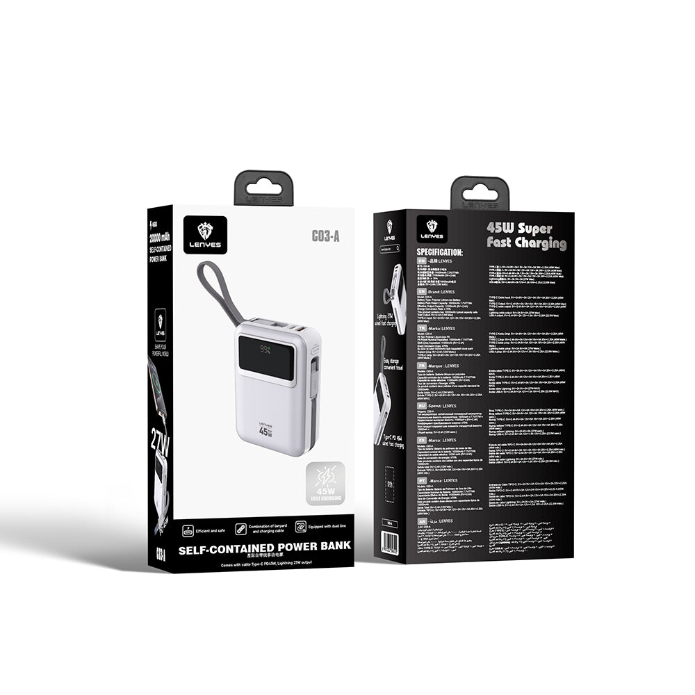 Lenyes C03-A Dijital LED Göstergeli Type-C ve Lightning Kablolu Powerbank 45W 10.000mAh Gümüş