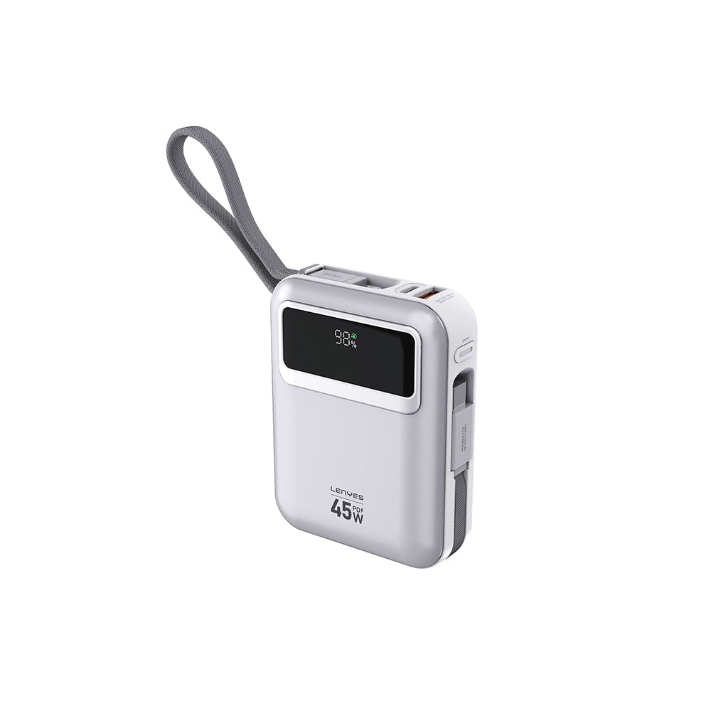 Lenyes C04-A Dijital LED Göstergeli Type-C ve Lightning Kablolu Powerbank 45W 5000mAh Gümüş