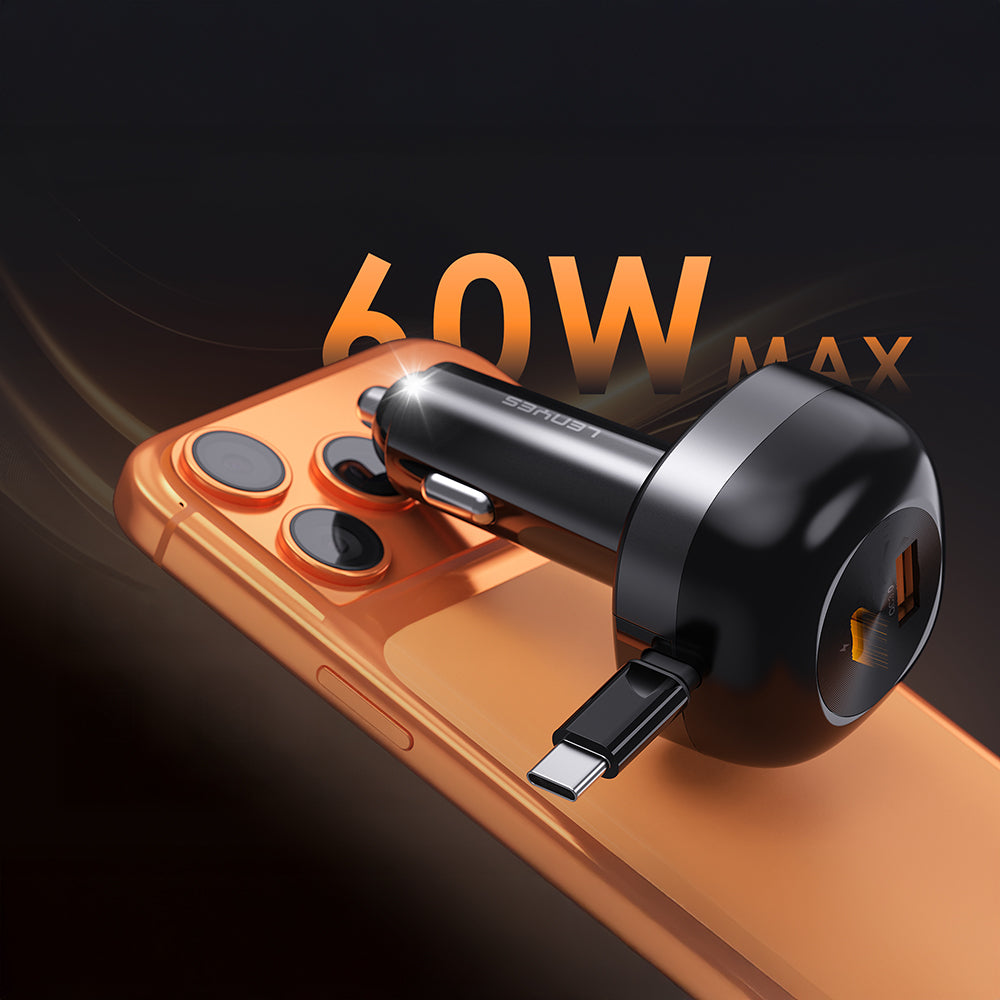Lenyes CA59 Type-C Kablolu Hızlı Şarj Özellikli Type-C + USB-A Portlu Araç Şarj Aleti PD 60W Siyah