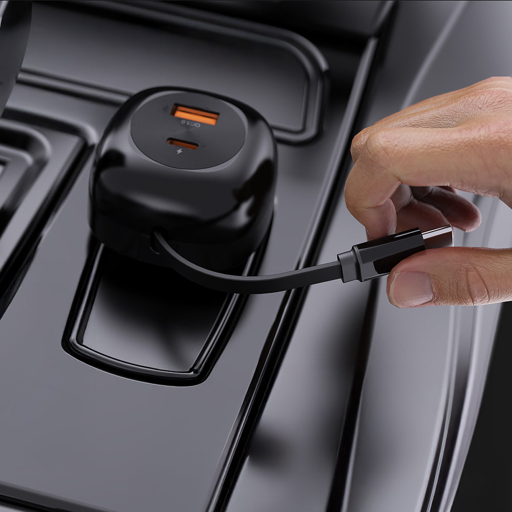 Lenyes CA59 Type-C Kablolu Hızlı Şarj Özellikli Type-C + USB-A Portlu Araç Şarj Aleti PD 60W Siyah