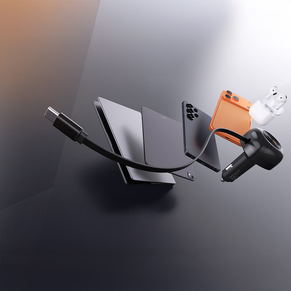 Lenyes CA59 Type-C Kablolu Hızlı Şarj Özellikli Type-C + USB-A Portlu Araç Şarj Aleti PD 60W Siyah