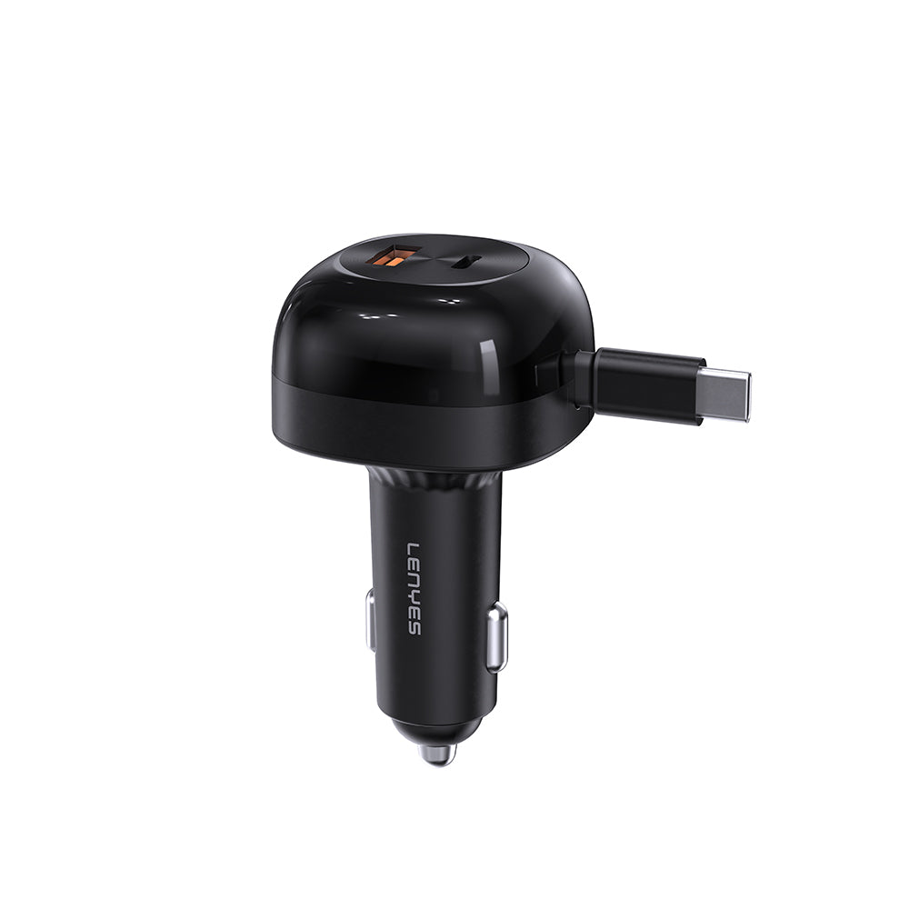 Lenyes CA59 Type-C Kablolu Hızlı Şarj Özellikli Type-C + USB-A Portlu Araç Şarj Aleti PD 60W Siyah