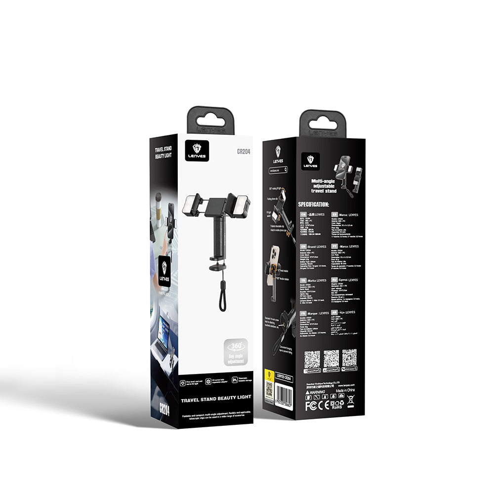 Lenyes CR204 360° Dönebilen Işıklı Seyahat Telefon Tutucu ve Standı Siyah