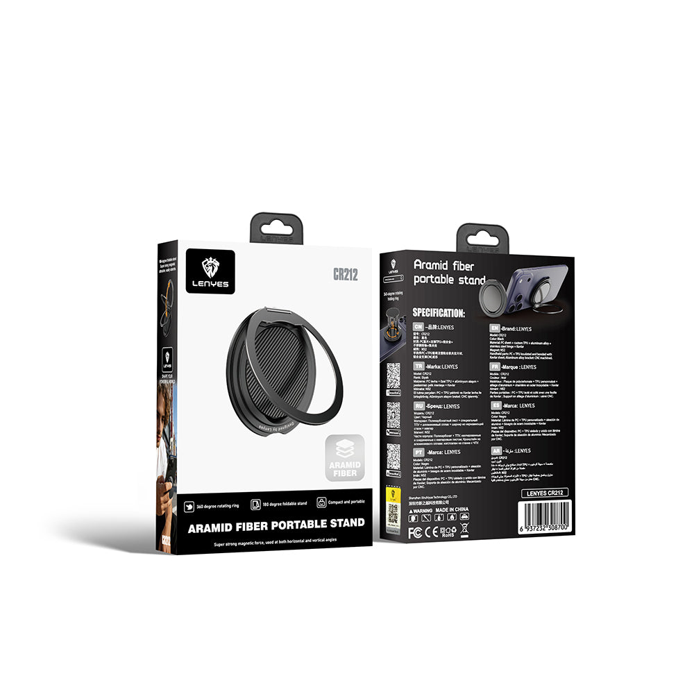 Lenyes CR212 Aramid Fiber 360 Derece Dönebilen Magnetik Ring Stand Telefon Tutucu Siyah