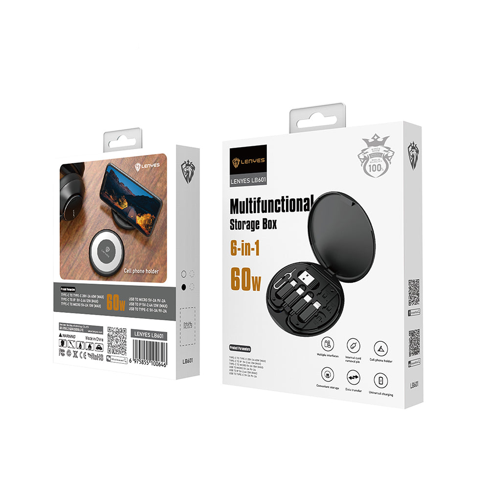 Lenyes LB601 6in1 Type-C to Type-C Kablolu 60W Çevirici Adaptör Seti Standlı Saklama Kutusu Siyah