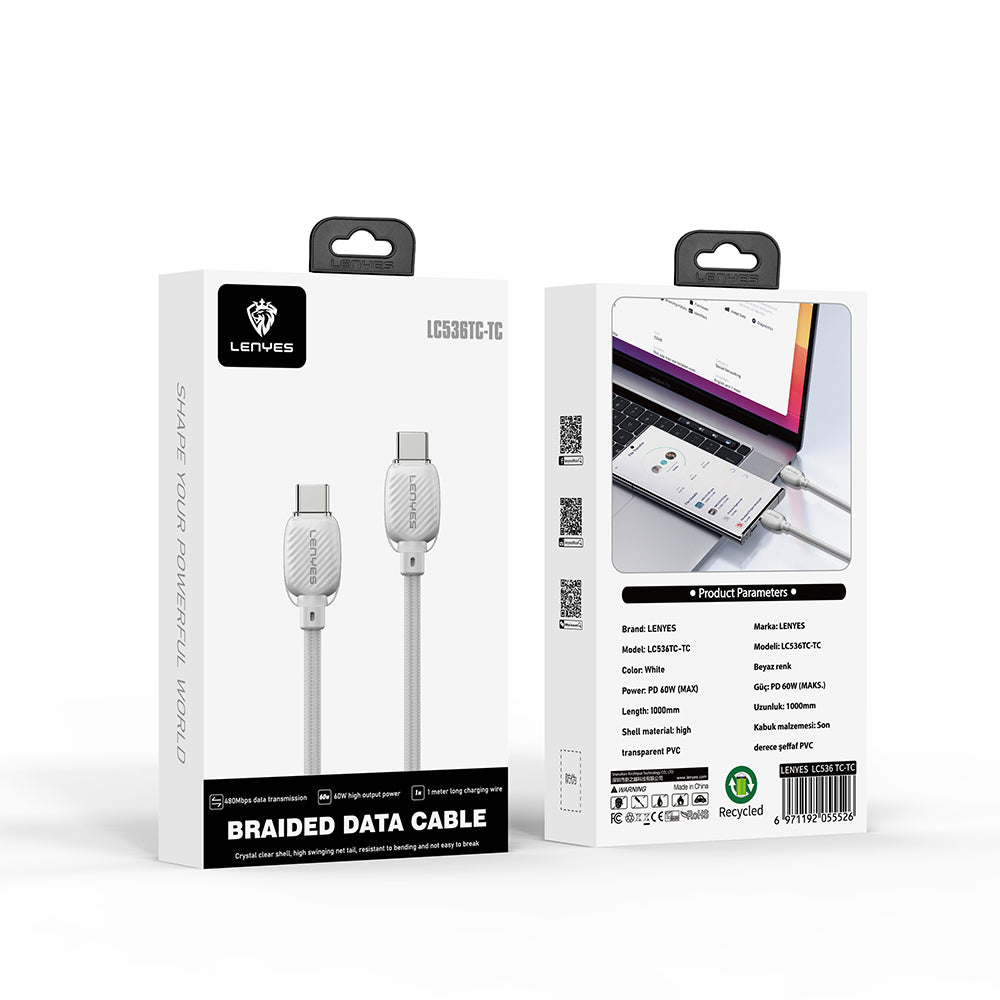 Lenyes LC536 Type-C to Type-C PD Örgü Tasarımlı Hızlı Şarj Özellikli Data ve Şarj Kablosu 60W 1M Yeşil