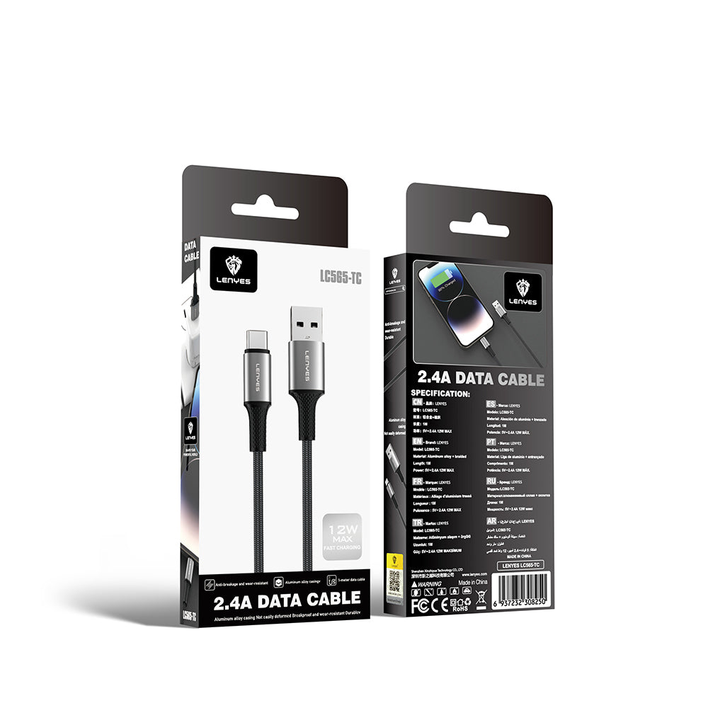 Lenyes LC565 USB-A to Type-C Örgü Tasarımlı Hızlı Şarj Özellikli Data ve Şarj Kablosu 12W 1M Siyah