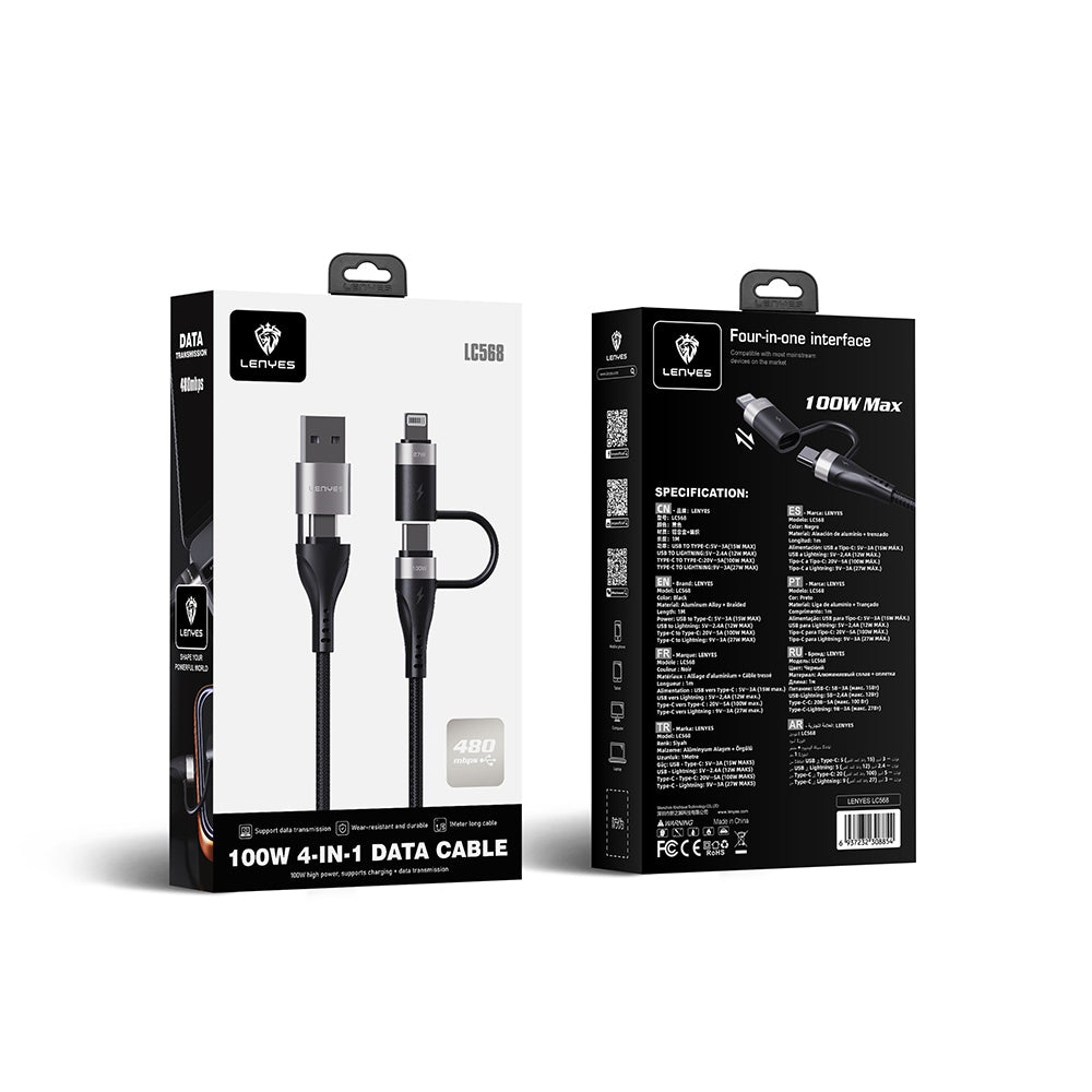 Lenyes LC568 4in1 USB-A - Type-C + Type-C to Lightning Data ve Şarj Kablosu 100W 1M Siyah