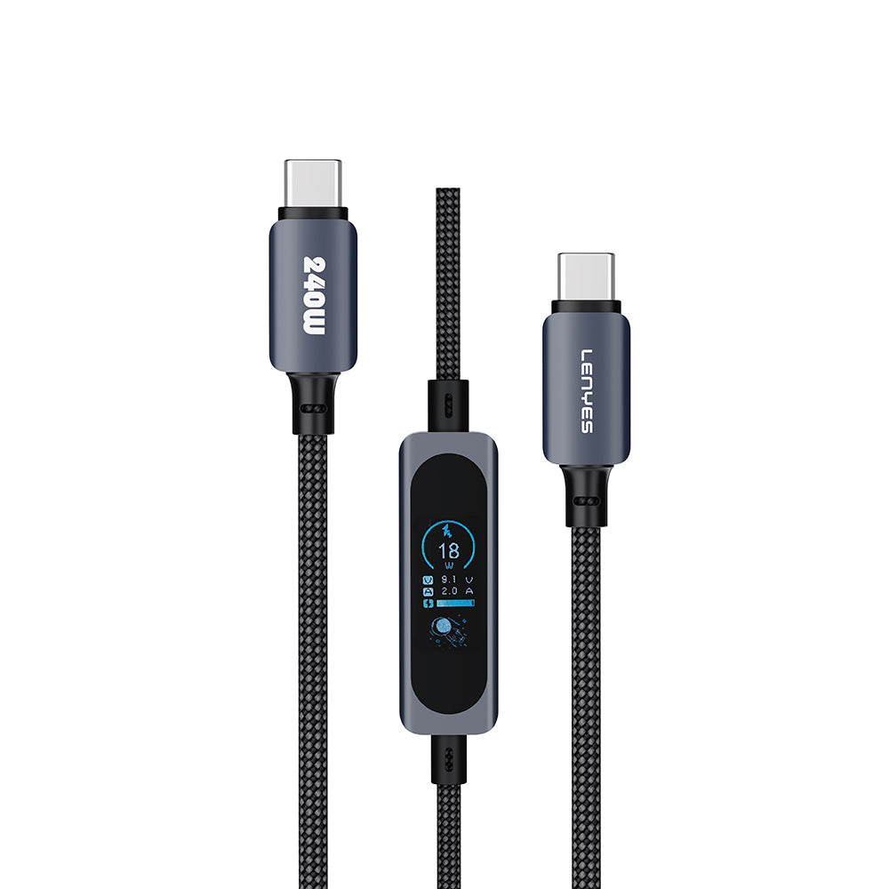 Lenyes LC572 TFT Ekranlı Type-C to Type-C Data ve Şarj Kablosu 240W 1.2M Siyah