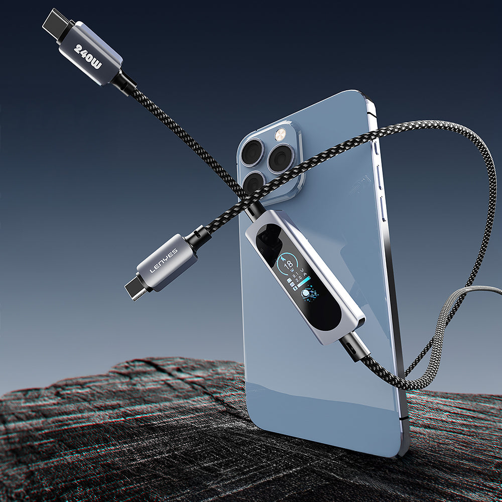 Lenyes LC572 TFT Ekranlı Type-C to Type-C Data ve Şarj Kablosu 240W 1.2M Siyah