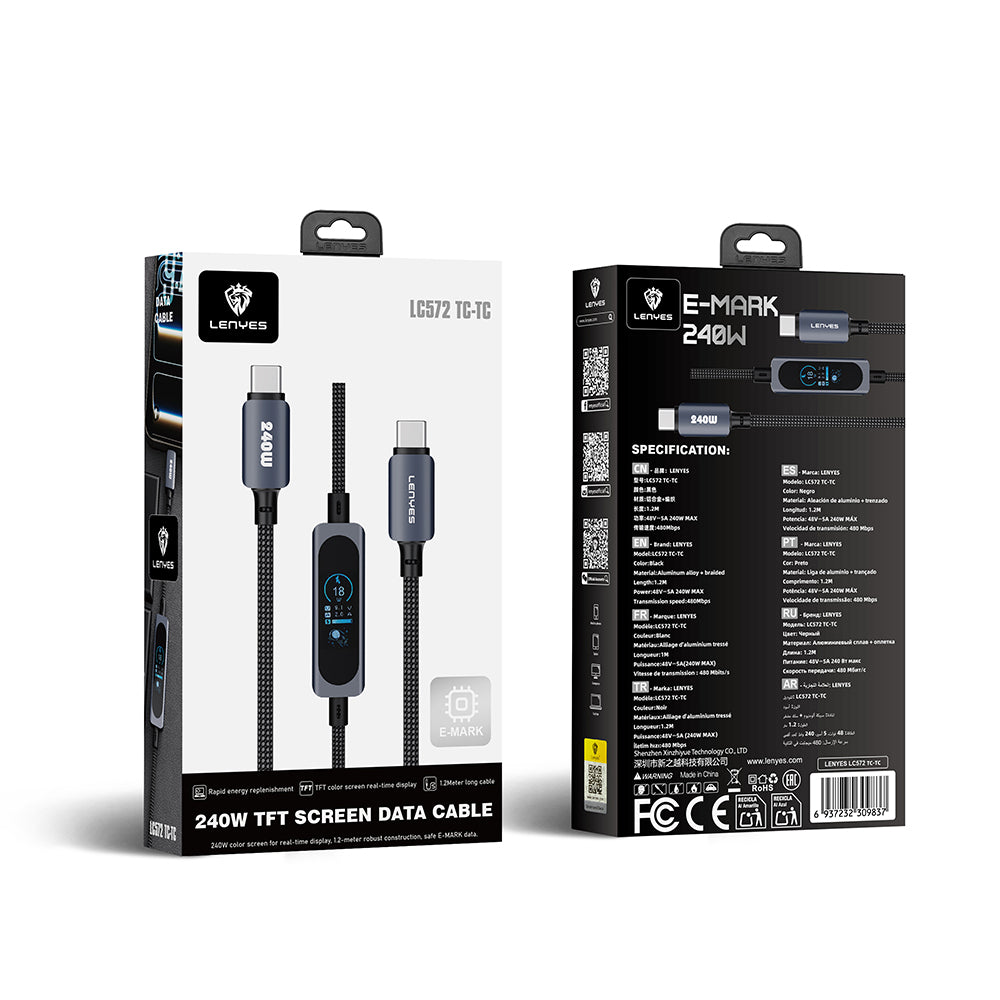 Lenyes LC572 TFT Ekranlı Type-C to Type-C Data ve Şarj Kablosu 240W 1.2M Siyah